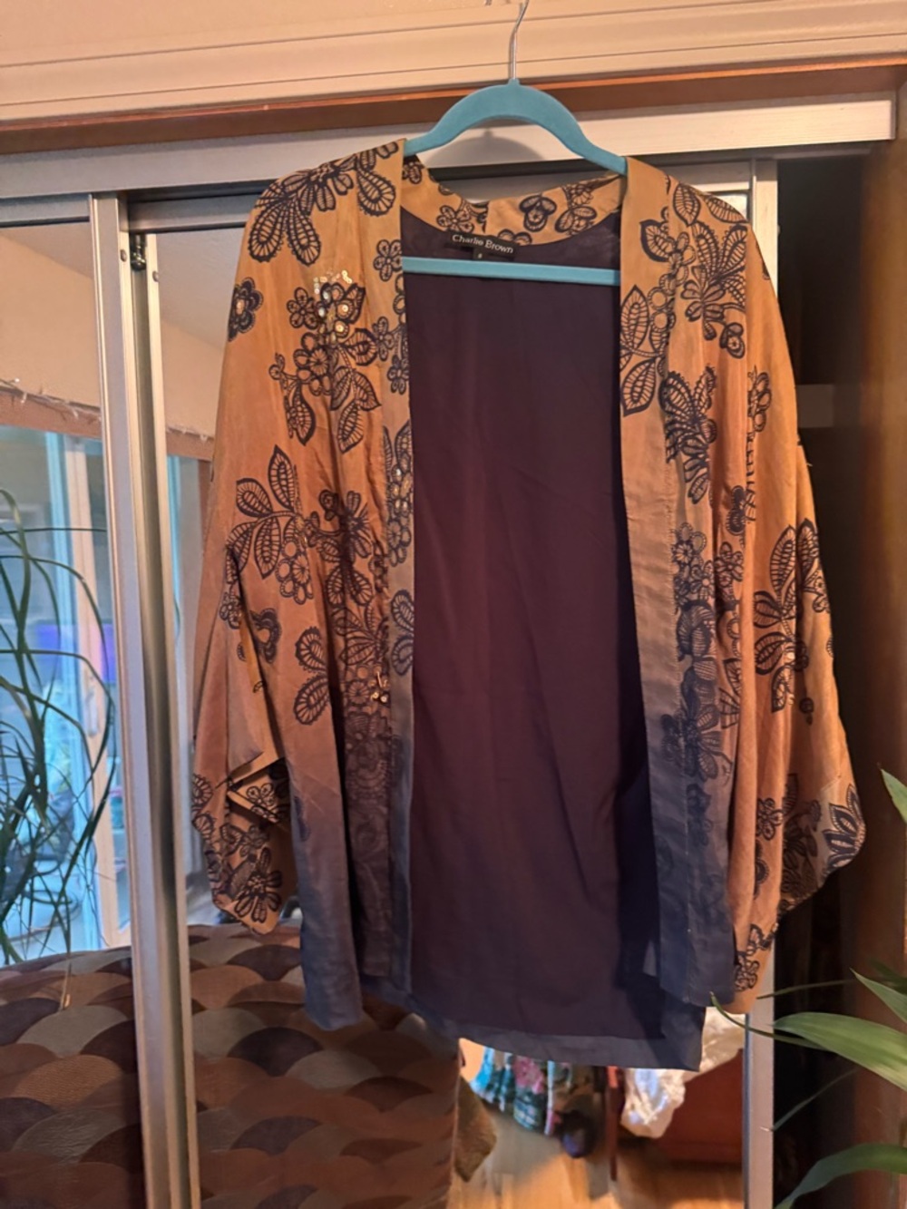 Charlie Brown Floral Embroidered Kimono - Tan & Navy